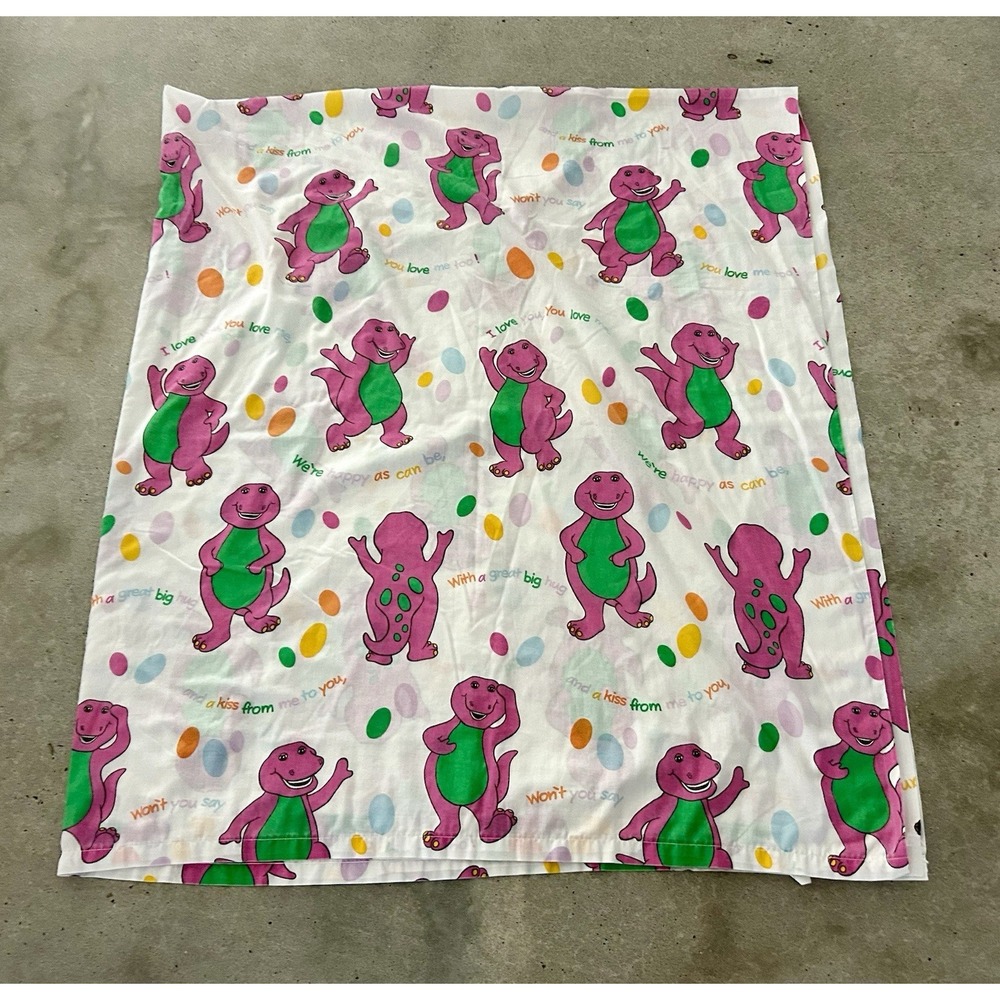 Vintage 90s Barney the Dinosaur Bed Flat Sheet I Love You Song Lyons Group Full